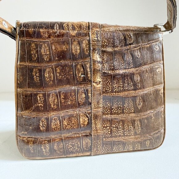 Vintage 50s 60s Faux Croc Skin Brown Square Handbag - Picture 3 of 8